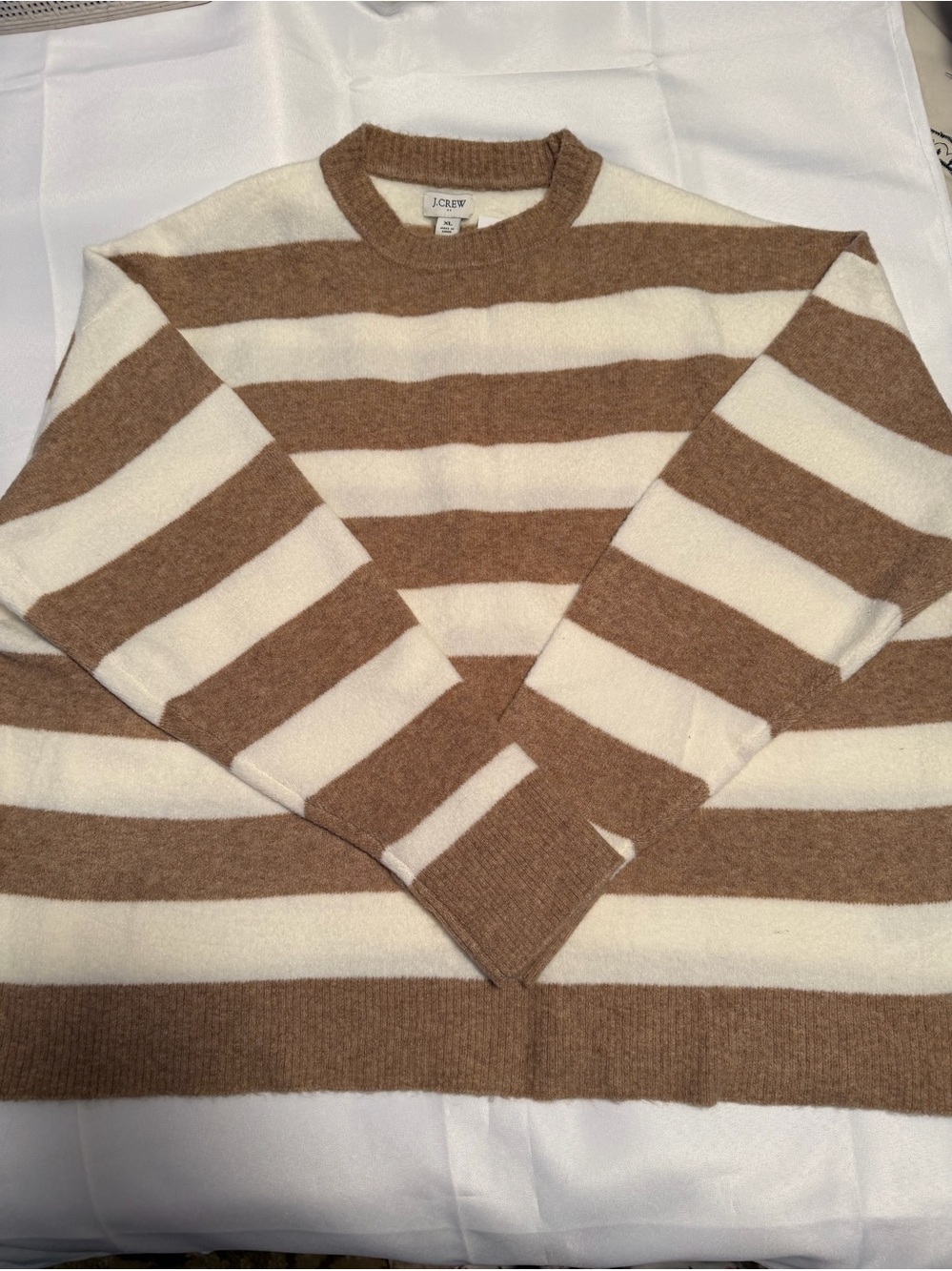 J. Crew Women’s Wide-Stripe Crewneck Sweater in Light Brown and Cream Size XL